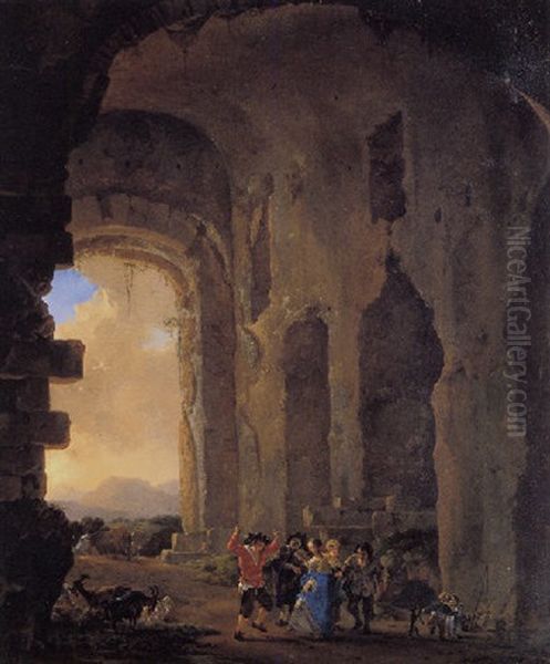 Peasants Merrymaking In A Ruined Building, An Italianate Landscape Beyond Oil Painting by Jan Asselijn