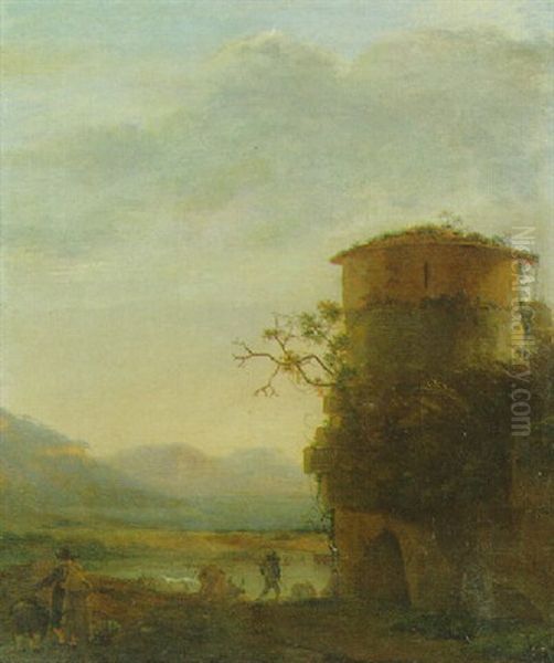 Peasants And Cattle Beside A Tower In An Extensive Landscape Oil Painting by Jan Asselijn
