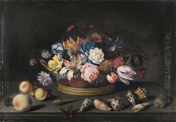 Nature Morte A La Corbeille De Fleurs Avec Fruits Et Coquillages Oil Painting by Balthasar Van Der Ast