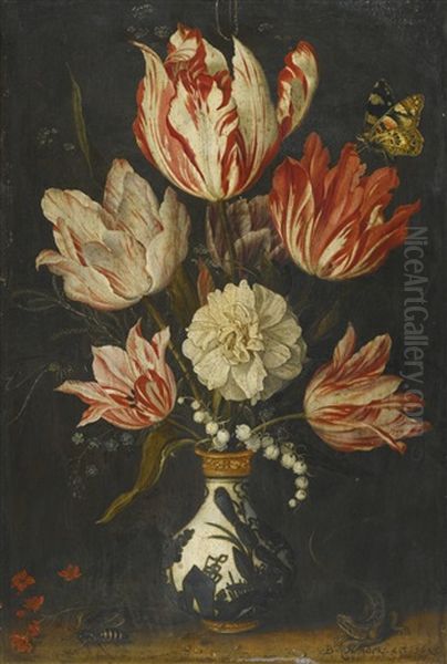 Still Life Of Variegated Tulips In A Ceramic Vase, With A Wasp, A Dragonfly, A Butterfly And A Lizard Oil Painting by Balthasar Van Der Ast