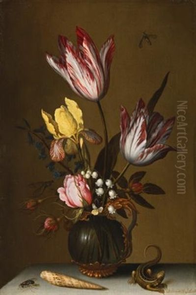 Still Life Of Tulips, Roses, An Iris And Lily Of The Valley In An Ornate Glass Jug On A Stone Ledge With A Lizard And A Shell Oil Painting by Balthasar Van Der Ast