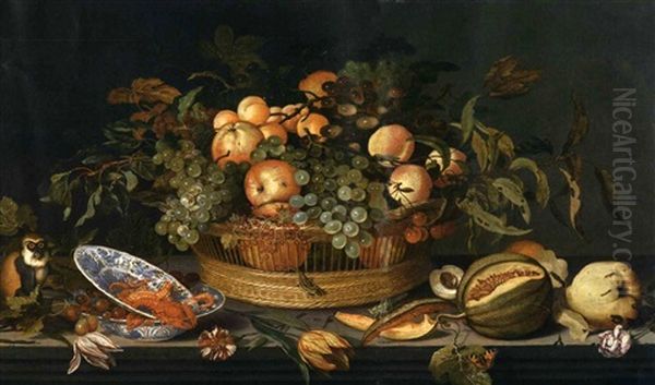Stilleben Mit Fruchten, Blumen Und Einem Kleinen Affen Oil Painting by Balthasar Van Der Ast