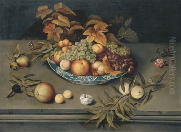 Grapes, Peaches, Apples And Apricots In A Porcelain Bowl On A Ledge With Carnations, A Blue Tit And A Red Admiral Butterfly Oil Painting by Balthasar Van Der Ast