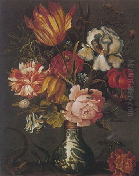 Still Life Of Various Flowers In A Porcelain Vase, With A Lizard Oil Painting by Balthasar Van Der Ast