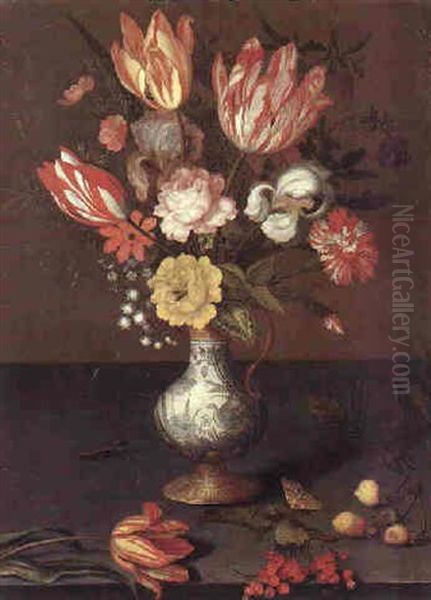 Still Life Of Flowers In A Wan Li Kraak Vase With Strawberries And A Moth On A Stone Ledge Oil Painting by Balthasar Van Der Ast
