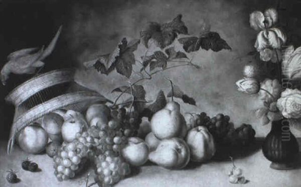 Still Life Of Fruit, Basket With Parrot And Flowers Oil Painting by Balthasar Van Der Ast