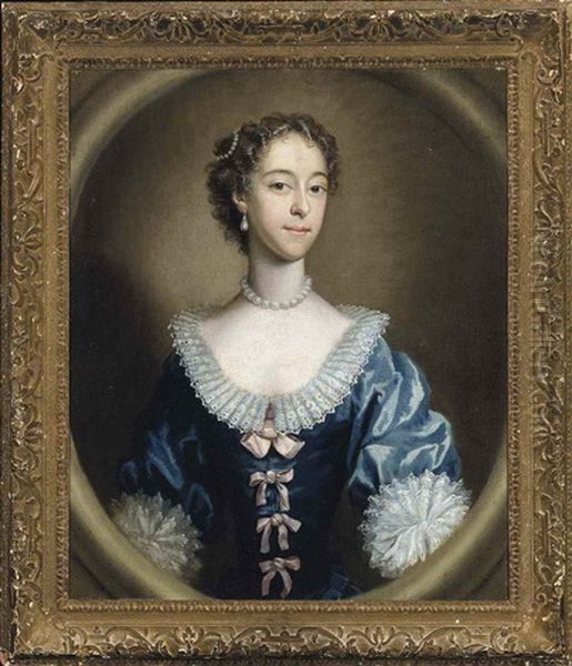 Portrait Of A Lady, In A Blue Dress With Lace Cuffs And Collar, Pink Ribbons And A Pearl Necklace And Earrings, In A Sculpted Oval Oil Painting by John Astley