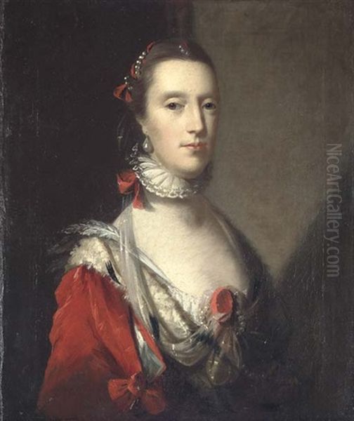 Portrait Of A Lady In An Elaborate Red Dress With Ermine Trim, A White Lace Ruff, And Pearls In Her Hair Oil Painting by John Astley