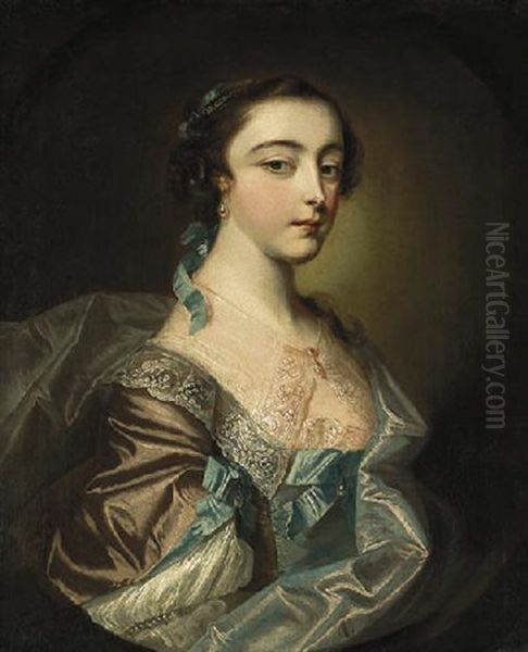 Portrait Of A Lady Of The Armstong Family Of Kilsharvan, Co. Meath, Seated In A Brown Dress And A Blue Wrap With A Lace Collar Oil Painting by John Astley