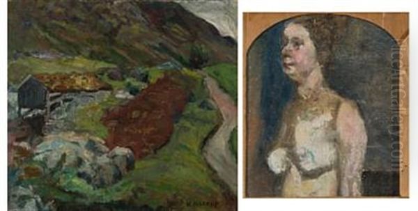 Landskap (+ Akt, Verso) Oil Painting by Nikolai Astrup