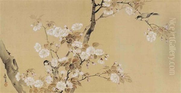Birds Amonst Cherry Blossom Branches Oil Painting by Gyokushi Atomi