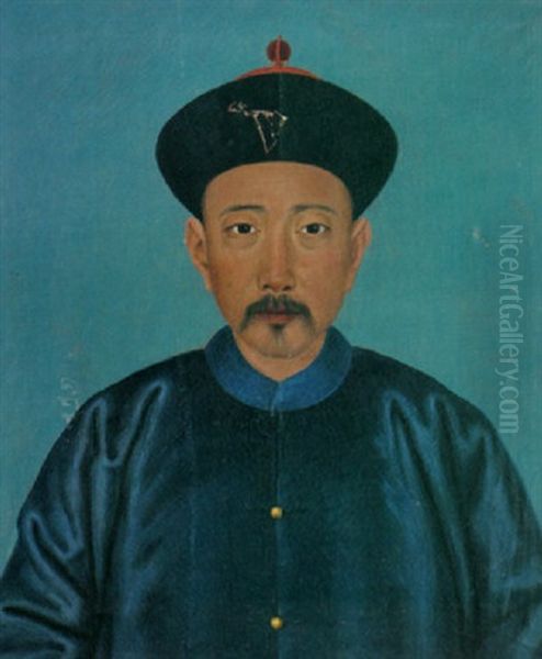 A Portrait Of A Chinese Man Wearing A Royal Blue Silk Coat With Gold Buttons And A Black Cap With Red Ornamentation Oil Painting by Jean Denis Attiret