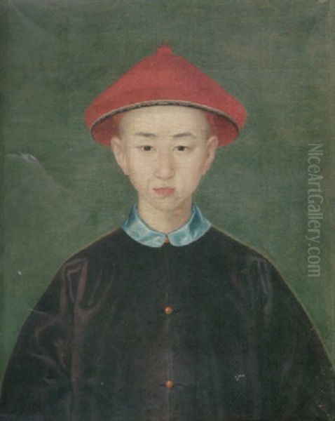 A Portrait Of A Young Boy Wearing A Red Hat With Black Silk Trim And A Purple Coat With A Blue Collar Oil Painting by Jean Denis Attiret