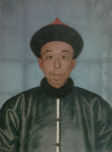 A Portrait Of A Chinese Gentleman Wearing A Fur Hat And A Blue-gray Silk Coat With A White Fur Trim And Fur Collar Oil Painting by Jean Denis Attiret