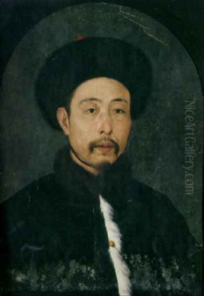 A Portrait Of A Chinese Man Wearing A Black Fur Cap And A Black Coat With A White Fur Trim And A Fur Collar Oil Painting by Jean Denis Attiret