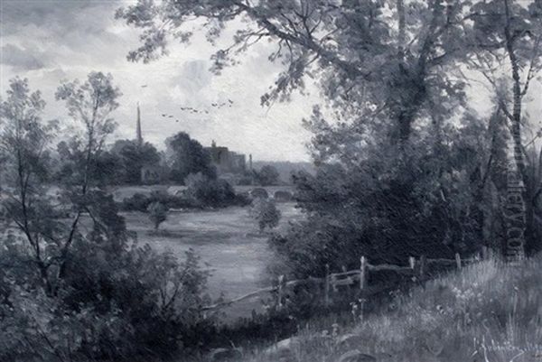 Overlooking Fields With A Town In The Distance Oil Painting by Constant Auguste de L' Aubiniere