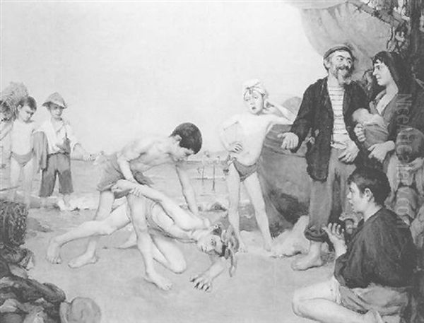 Jeu Sur La Plage Oil Painting by Albert Aublet