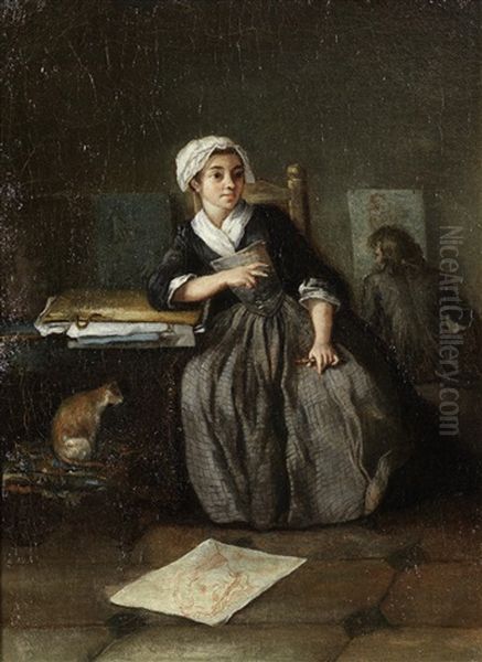 An Interior With A Young Woman Sketching; And An Interior With A Young Man Drawing (2 Works) Oil Painting by Etienne Aubry