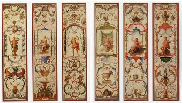 Arabesques And Singeries Surrounding Figures Of The Gods: Allegories Of The Months Of The Year Oil Painting by Claude III Audran