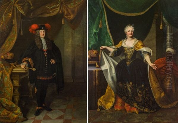 Pendants - Kaiser Karl Vi. (1685-1740); Elisabeth Christine Von Braunschweig-wolfenbuttel (1691-1750) Oil Painting by Johann-Gottfried Auerbach
