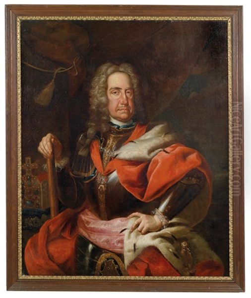 Kaiser Karl Vi., Portrat Des Kaisers Im Harnisch Mit Dem Orden Vom Goldenen Vlies Und Feldherrenstab Oil Painting by Johann-Gottfried Auerbach