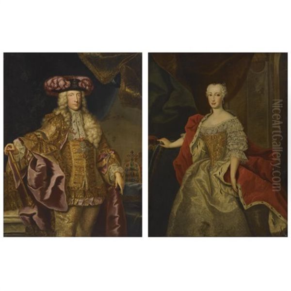 Portrait Of The Emperor Charles Vii (+ Portrait Of Maria Amalie Josefa Anna, Archduchess Of Austria; Smllr; Pair) Oil Painting by Johann-Gottfried Auerbach