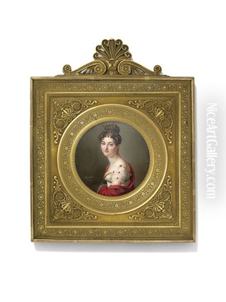 Therese Jeanne Marie Hortense De Tardieu, Marquise De Maleyssie, Nee De Luc (d. 1826), In White Dress And Red Shawl Oil Painting by Jacques-Jean- Baptiste Augustin