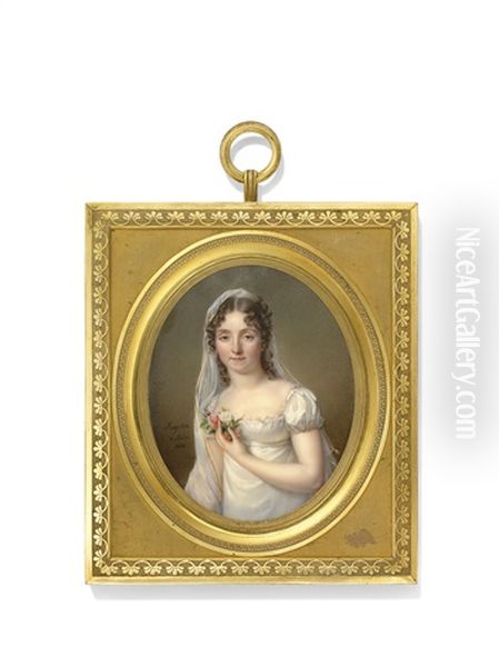 Suzanne Fleuriot (1775-1822), Nee Du Garzpern, Comtesse De Langle, In White Dress, Holding A Bouquet Of Roses In Her Left Hand Oil Painting by Jacques-Jean- Baptiste Augustin