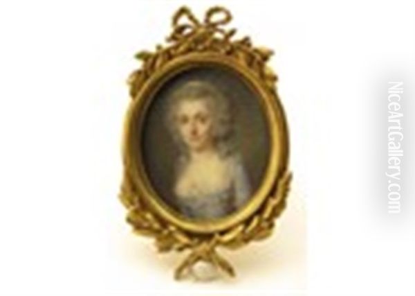 Portrait Miniature Of A Lady, Half Length, Wearing A Blue Dress, A White Ribbon In Her Hair Oil Painting by Jacques-Jean- Baptiste Augustin