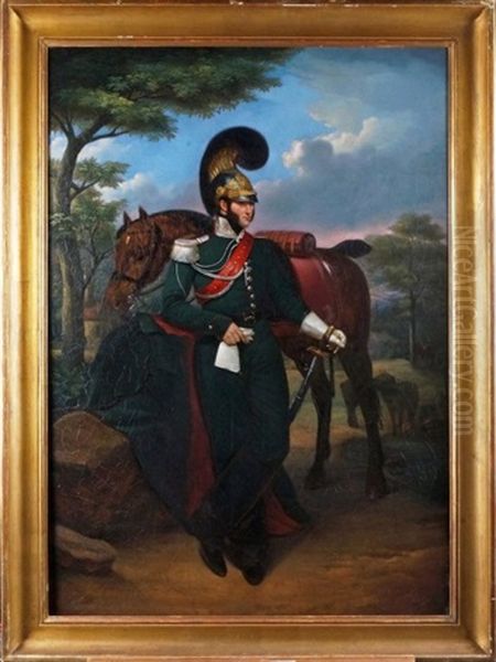 Portrait D'un Officier De La Garde Avec Son Cheval Oil Painting by Jacques-Jean- Baptiste Augustin