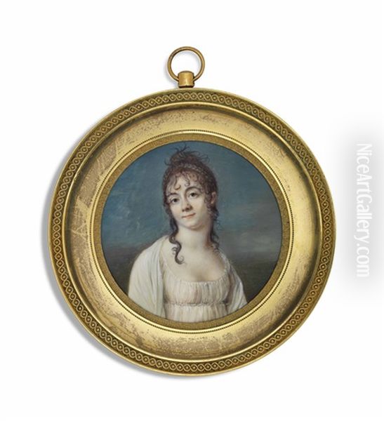 Renee Duchemin Du Bois-dupin Nee De Berset D'hauterive (1769-1852), In White Dress With White Shawl; Sky Background Oil Painting by Jacques-Jean- Baptiste Augustin
