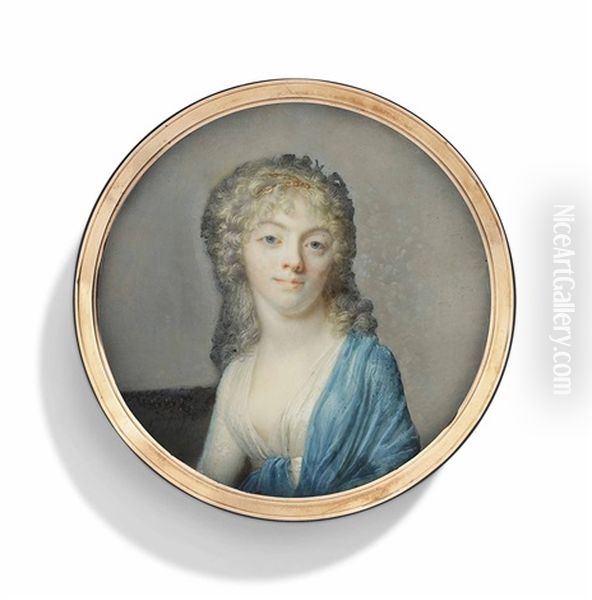 Maria Elisabeth Baelde (1775-1843), Seated, In White Dress With Blue Shawl Draped Over Her Left Shoulder, Gold Chains Entwined In Her Curling Fair Hair Oil Painting by Jacques-Jean- Baptiste Augustin