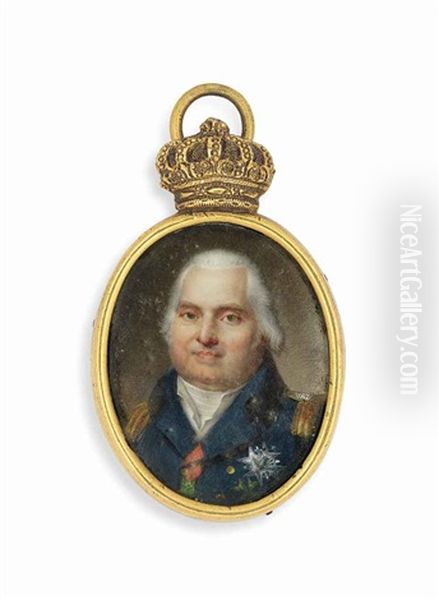 Louis Xviii (1755-1824), King Of France -1824, In Blue Uniform With Gold Epaulettes, Wearing The Breast Stars Of The Royal French Order... Oil Painting by Jacques-Jean- Baptiste Augustin