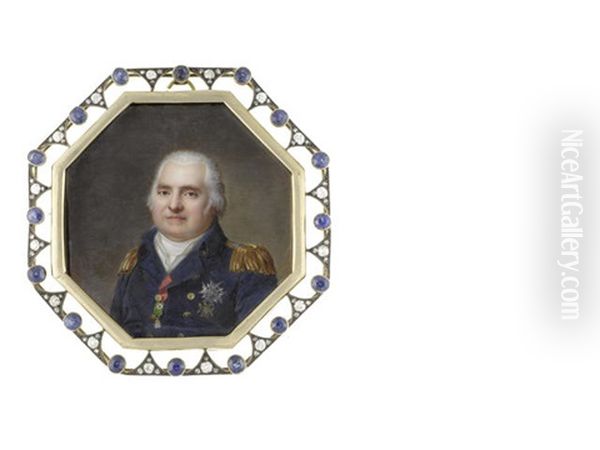 Louis Xviii (1755-1824), King Of France And Navarre (1814-1824), Wearing Blue Double-breasted Coat With Gold Epaulettes, Breast Star Of The Order Of Saint-esprit... Oil Painting by Jacques-Jean- Baptiste Augustin