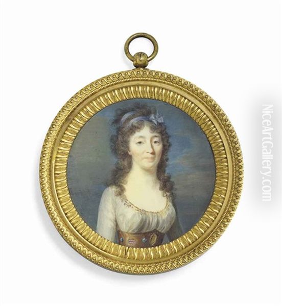 A Young Lady, In Decollete Gold-bordered White Dress, Gem-set Gold Belt, Curling Hair Dressed With A Mauve Ribbon Tied In A Bow Oil Painting by Jacques-Jean- Baptiste Augustin