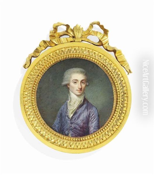 Louis Marie, Marquis D'estourmel (1744-1823), In Lilac Silk Coat, Frilled White Cravat, Powdered Wig Worn En Queue Oil Painting by Jacques-Jean- Baptiste Augustin