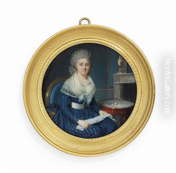 A Lady Making Lace, Seated On Blue Upholstered Chair, In Blue And Black Striped Dress With White Sash, Cream Gauze Fichu With Embroidered Edges, Powdered Curling Hair, Her Lace In Her Lap Oil Painting by Jacques-Jean- Baptiste Augustin