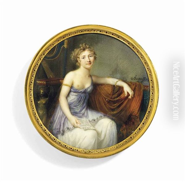 A Young Lady, Seated, In Decollete White Silk And Lilac Muslin Dress, Revealing Right Breast, Wearing Gold Armlet And Bracelet, Holding A Letter In Her Right Hand Inscribed Italie En Oil Painting by Jacques-Jean- Baptiste Augustin