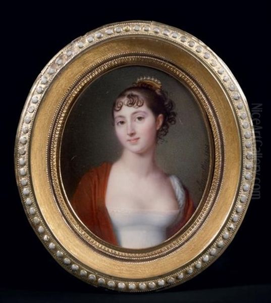 Portrait De Jeune Femme En Robe De Soie Blanche, Les Epaules Couvertes D'un Chale Rouge Oil Painting by Jacques-Jean- Baptiste Augustin