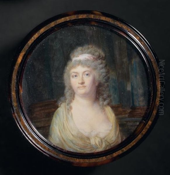 Portrait D'une Femme En Robe Largement Decolletee, Un Fichu Creme Sur Les Epaules, Les Cheveux Attaches Par Un Ruban Rose, Fondond De Colonnades Oil Painting by Jacques-Jean- Baptiste Augustin