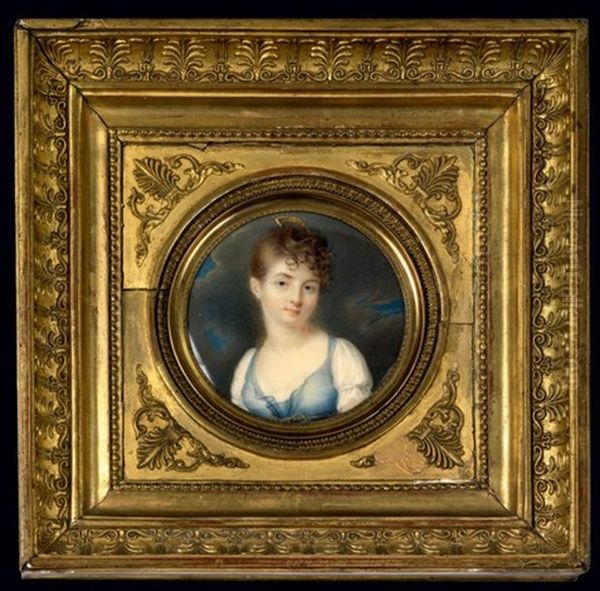 Portrait De Jeune Fille En Robe De Soie Bleue Et Voile De Dentelle. Fond De Ciel Nuageux Oil Painting by Jacques-Jean- Baptiste Augustin
