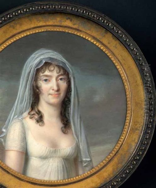 Jeune Femme Vetue De Blanc, D'une Tunique Plissee Et Decolletee, A Manches Brodees, Et D'un Voile Transparent. Fond De Ciel Nuage. Oil Painting by Jacques-Jean- Baptiste Augustin