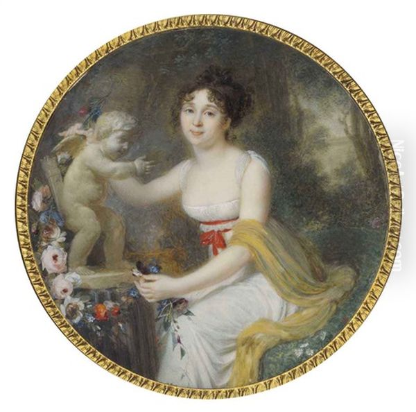 A Young Lady (suzanne Denis De Cuzieu?), In Decollete White Dress With Red Sash Tied Around Waist And Ochre Scarf (collab. W/studio) Oil Painting by Jacques-Jean- Baptiste Augustin
