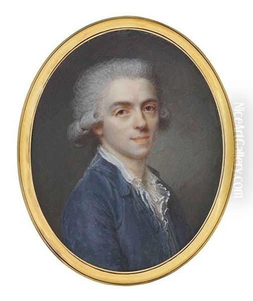 A Young Gentleman, In Blue Coat, White Frilled Collar, Powdered Hair Worn En Queue Oil Painting by Jacques-Jean- Baptiste Augustin