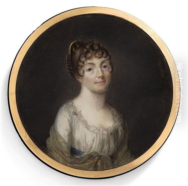 A Young Lady, In Decollete White Muslin Dress With Blue Sash, Ochre Shawl Draped Over Her Arms, Her Dark Upswept Hair Dressed In Curls And Set With A Comb Oil Painting by Jacques-Jean- Baptiste Augustin
