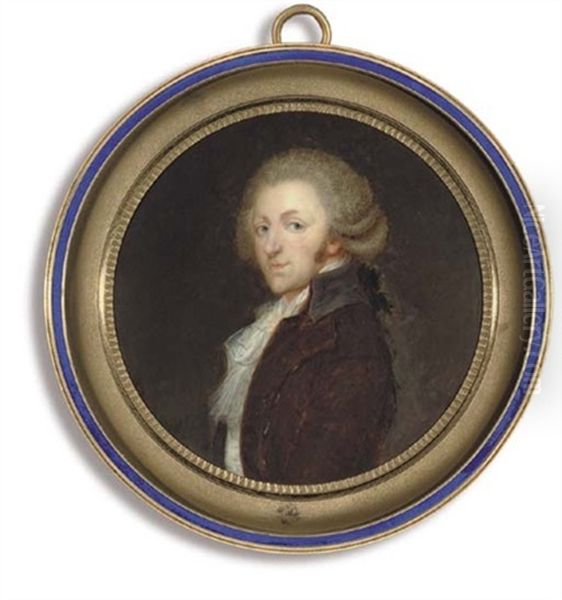 A Young Gentleman, In Brown Coat With Black Collar, White Waistcoat And Frilled Cravat And Knotted White Scarf Oil Painting by Jacques-Jean- Baptiste Augustin