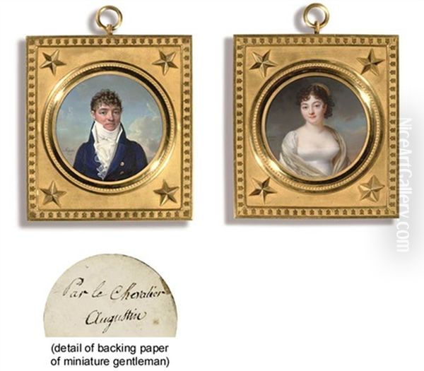 A Young Lady, In White Decollete Dress With Silk Sash, Ochre Cashmere Shawl With Embroidered Edge Draped Around Her Shoulders (+ A Gentleman, In Blue Coat With Gold Buttons, 1808; Pair) Oil Painting by Jacques-Jean- Baptiste Augustin