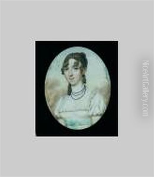 Lady Wearing Short-sleeved White Dress With Frilled Trim And Pale Blue Ribbon Waistband, Three-strand Jet Necklace, Her Hair In Long Curls Oil Painting by Jacques-Jean- Baptiste Augustin