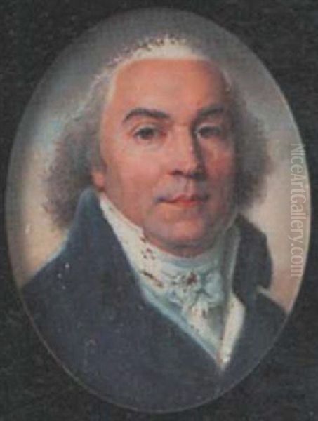 A Gentleman Wearing Blue Coat, White Waistcoat And Tied Cravat, His Loose Hair Powdered Oil Painting by Jacques-Jean- Baptiste Augustin
