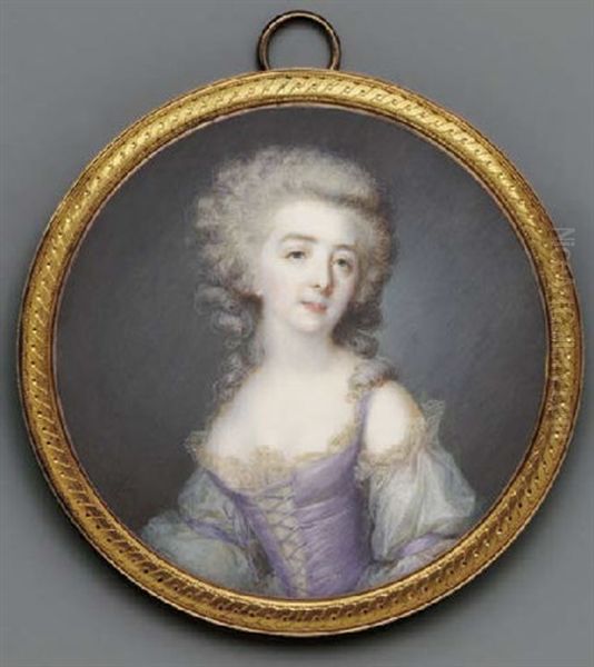 A Young Lady In Off-the-shoulders White Dress With Lace Borders And Laced Lilac Bodice, Long Powdered Curling Hair Oil Painting by Jacques-Jean- Baptiste Augustin